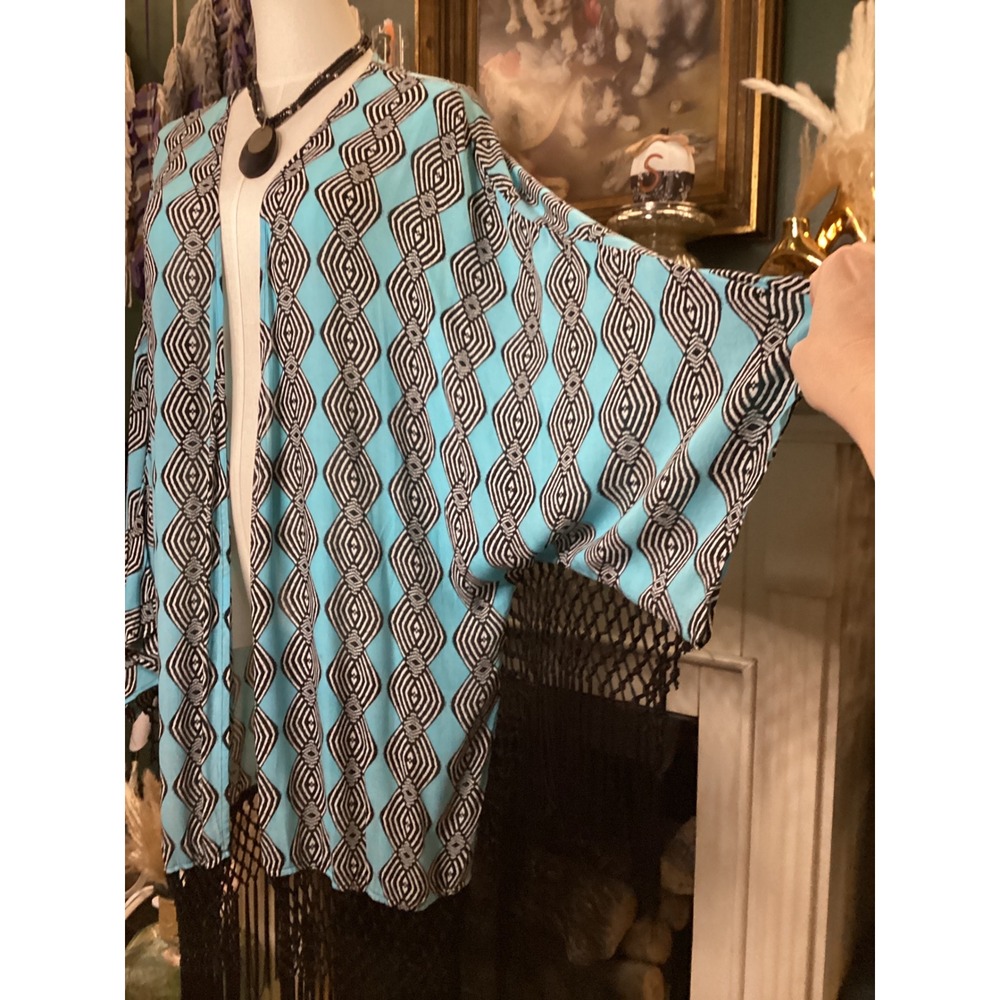 Democracy Turquoise Geometric Macrame Fringe Kimono Duster XL